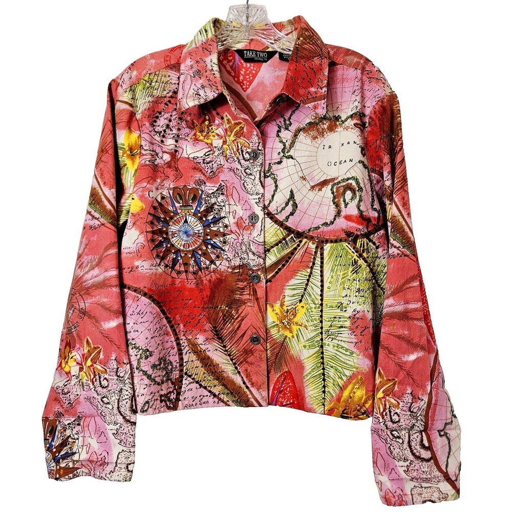 Take Two Red Pink Map Compass Sequin Shirt Jacket L Coastal Resortwear Beachy